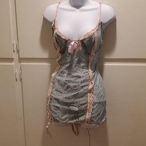 Gray and Pink Lace Chemise Set